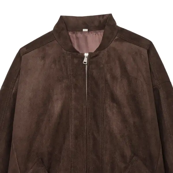 Relaxed Suede Look Stand Collar Zip Front Bomber Jacket