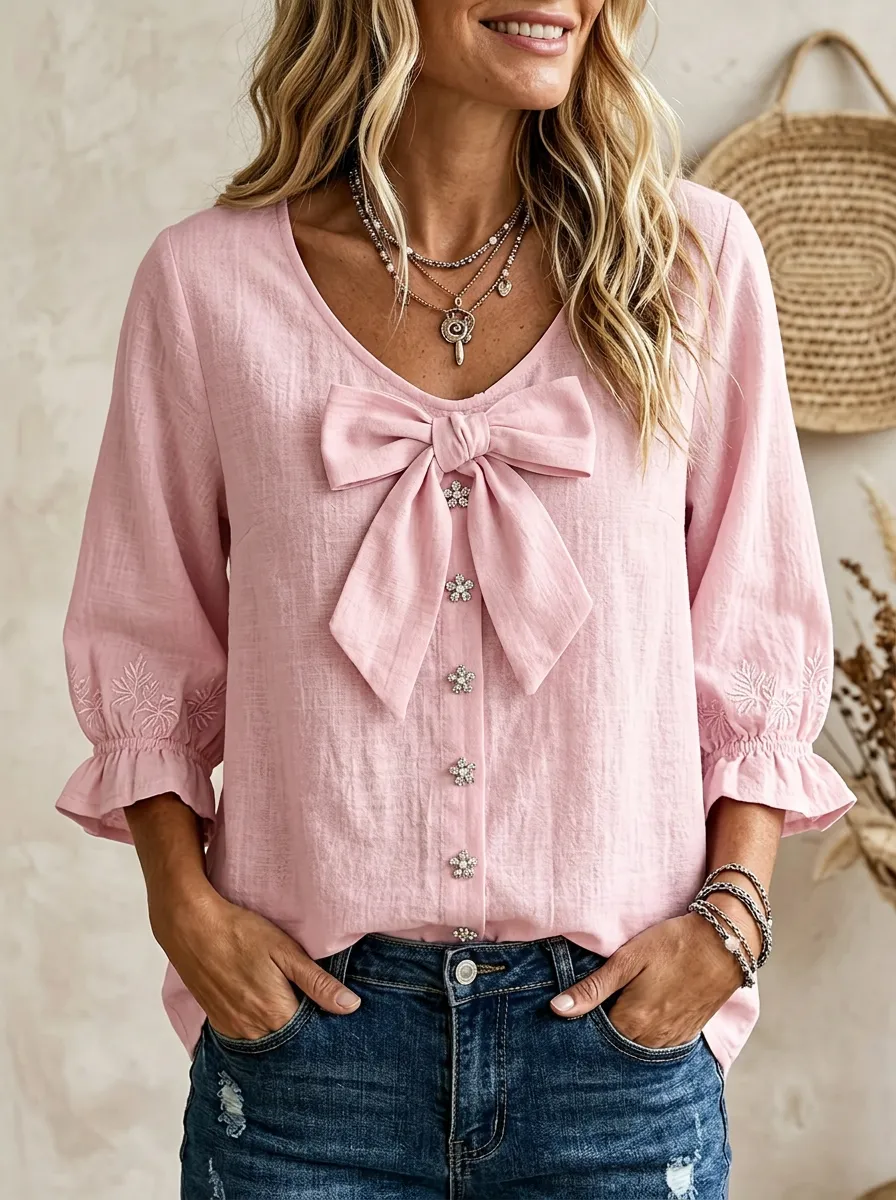 Women's Scoop Neck Bow-detail Floral Embroidered Blouse