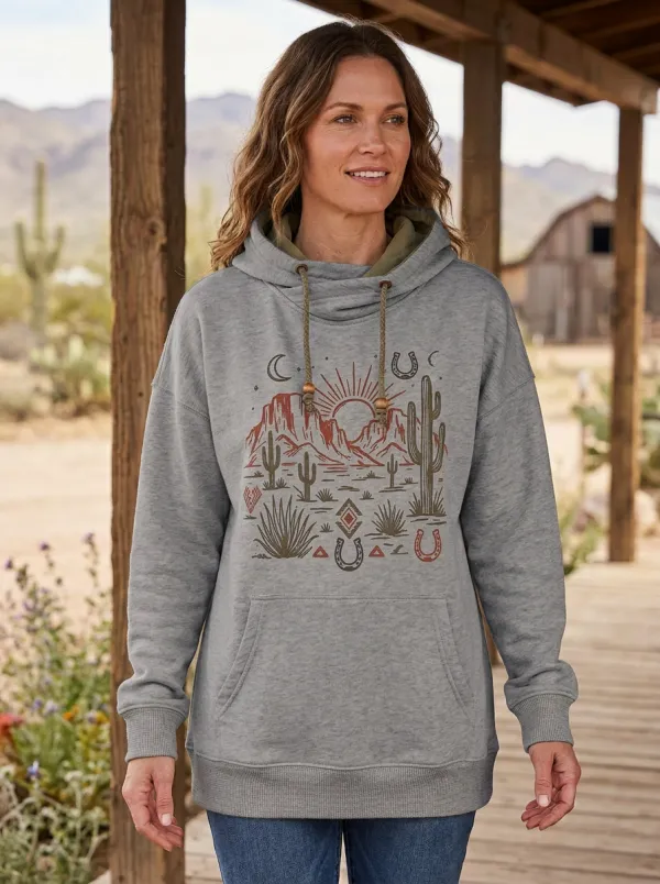 Women's Western Beige Desert Graphic Print Crossover Hoodie