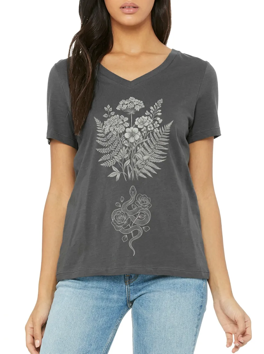 Women's Botanical Snake Rose Printed V-Neck T-Shirt