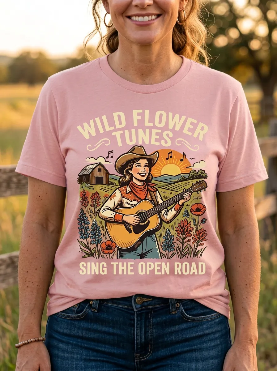 Western Guitar Cowgirl Women's Country Music Casual T-Shirt