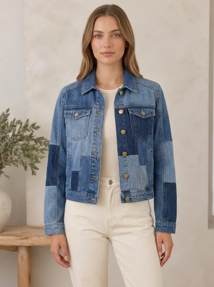 Women's Vintage Patchwork Topstitched Denim Jacket