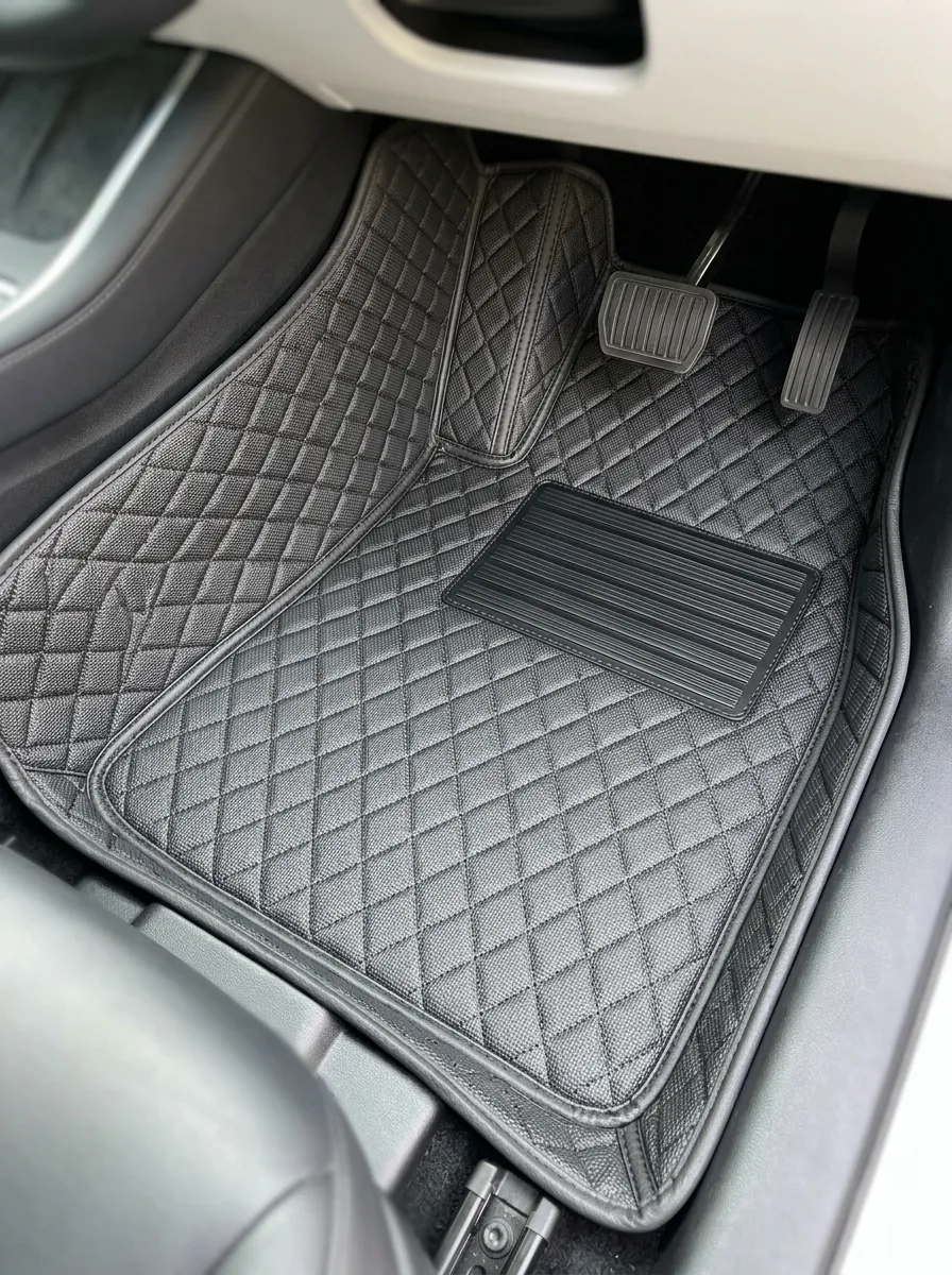 Diamond-Quilted Leather-Texture Quilted Car Floor Mats