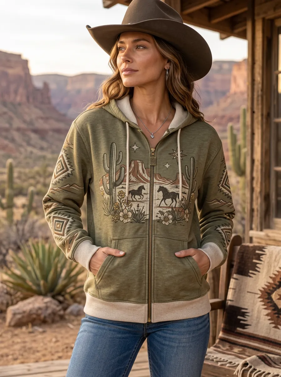 Women's Western Olive Graphic Print Zip-Up Hoodie