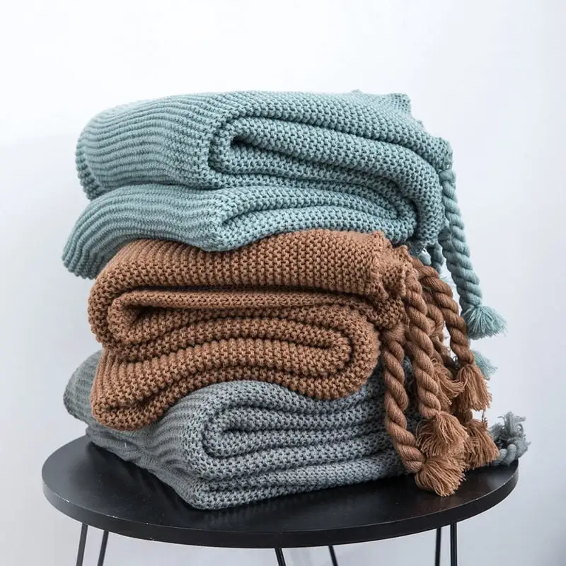 Tassel Waffle Knit Throw Blanket