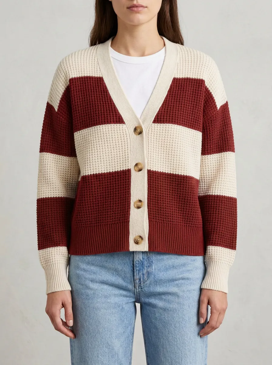 Relaxed Rugby Striped Waffle Knit Cardigan