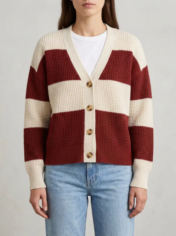 Relaxed Rugby Striped Waffle Knit Cardigan