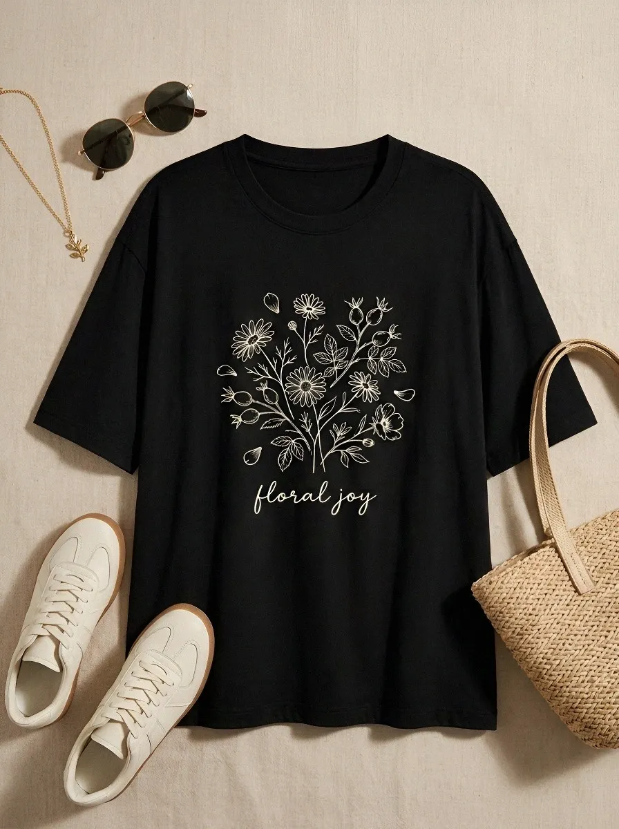 Women's Nature Lover Floral Joy Botanical Line Art Printed T-shirt