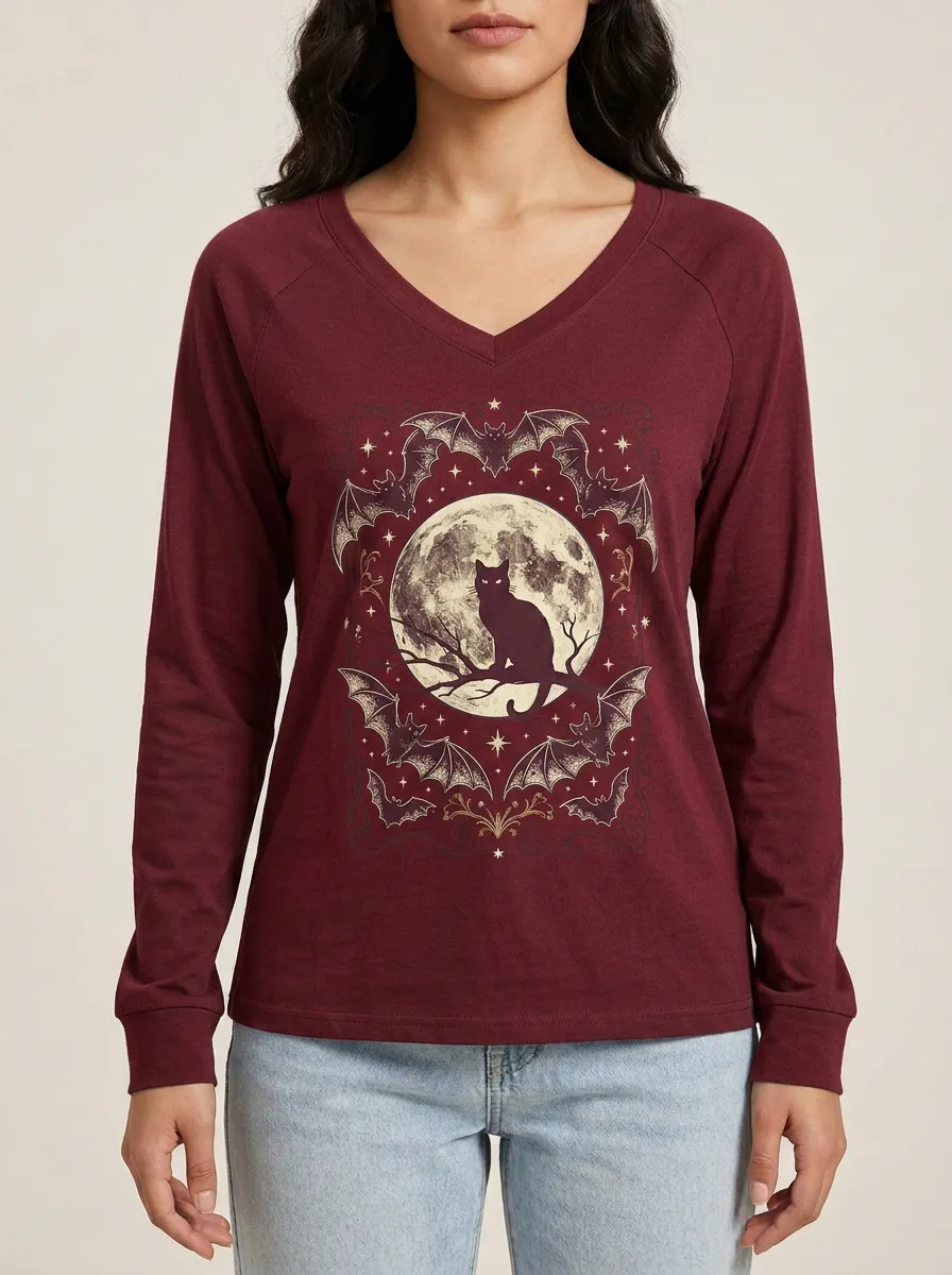 Women's Halloween Gothic Cat Moon Bats Printed V-neck Long Sleeve Shirt