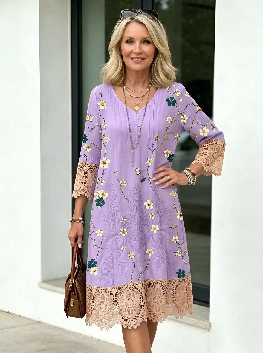 Women's Summer Vacation Floral Embroidery Lace Trim Printed Dress