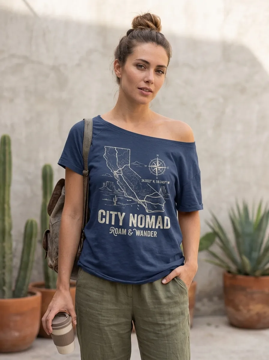 Women's Travel Lover California Map Compass Printed T-shirt