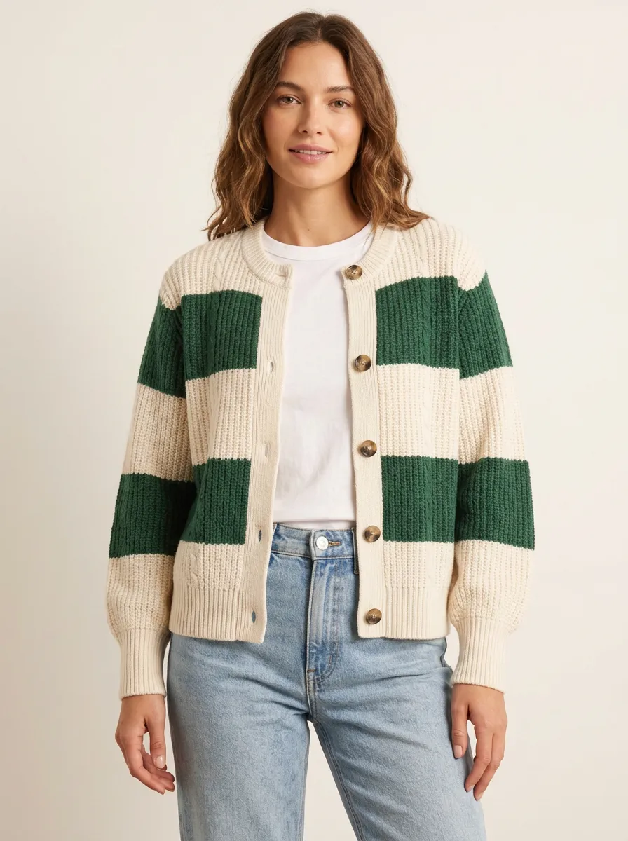 Textured Rugby Striped Button Front Knit Cardigan