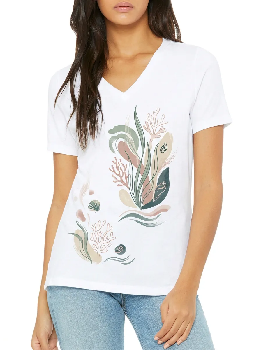 Women's Beach Lover Coral Sea Shell Abstract Printed V-neck T-shirt