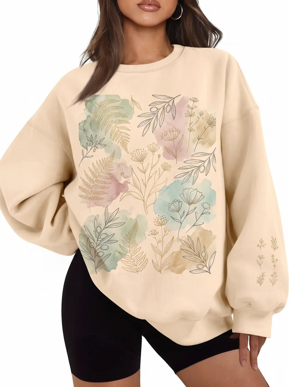Women's Botanical Nature Lover Watercolor Fern Printed Sweatshirt