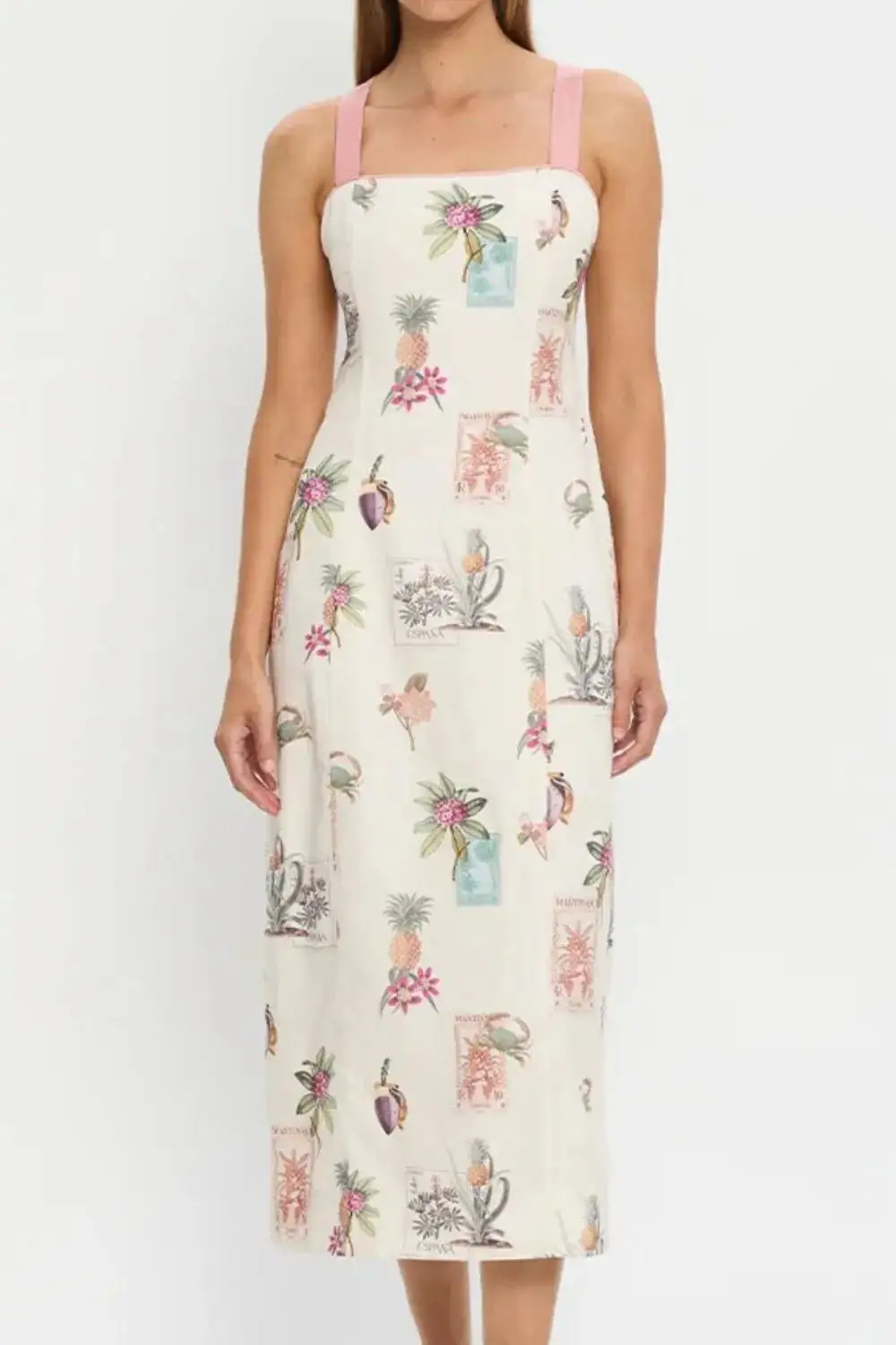 Square-Neck Linen-Blend Printed Midi Dress