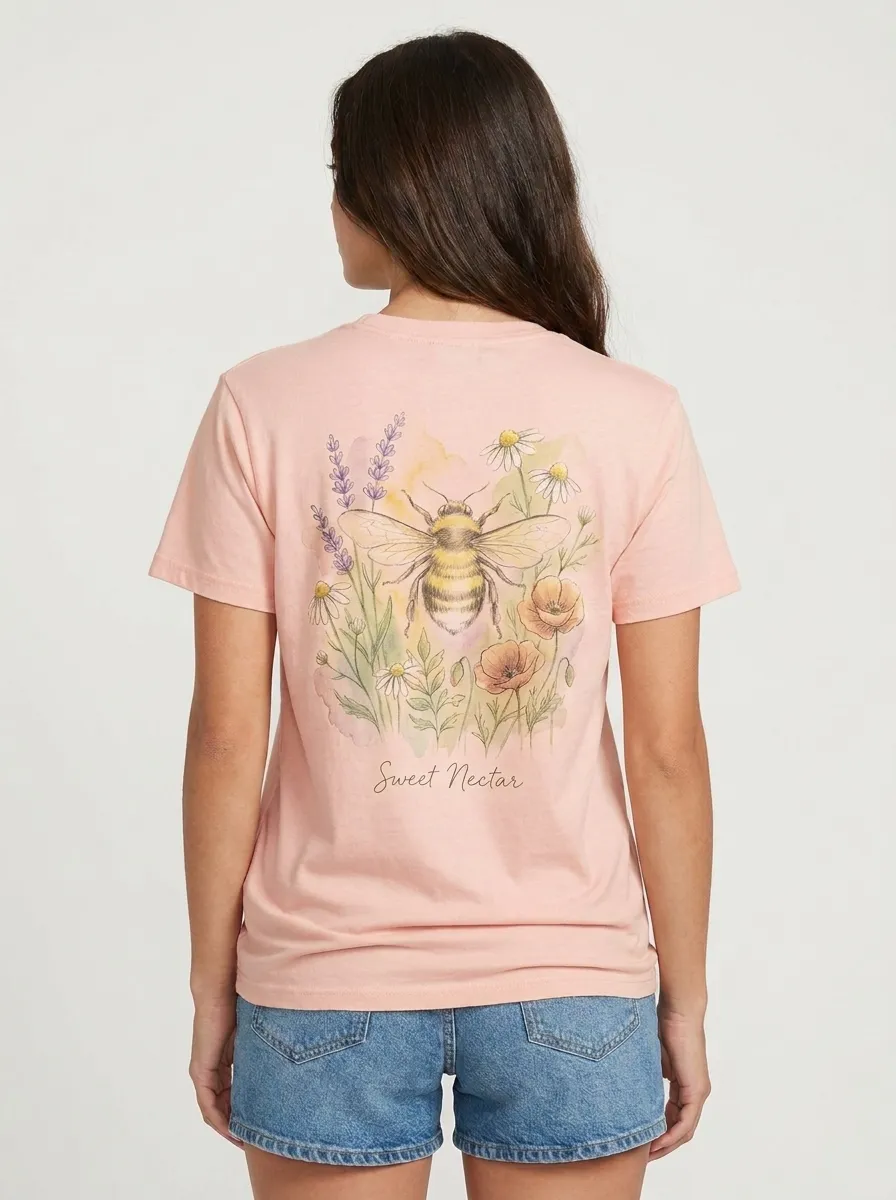 Women's Nature Lover Bee and Wildflower Printed T-shirt