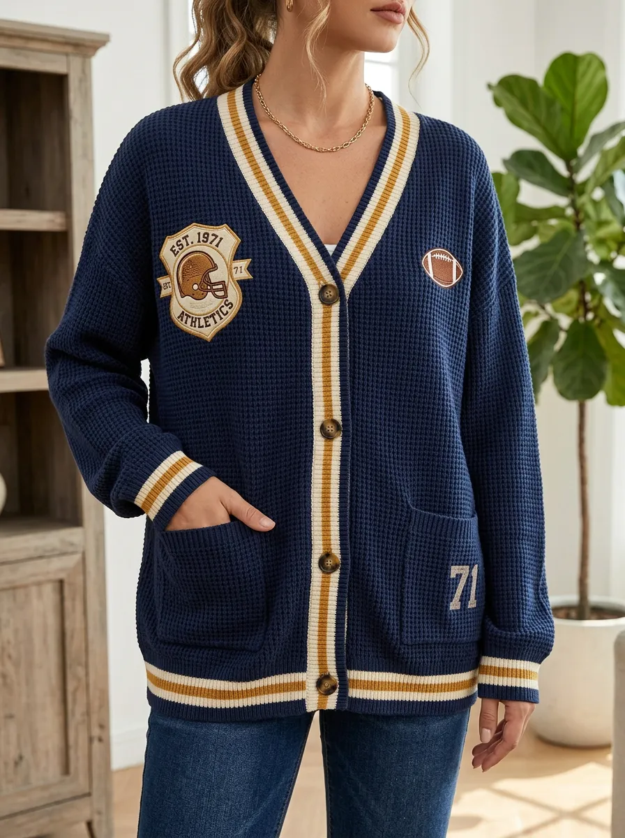 Women's Football Fan Athletics Helmet 1971 Printed Waffle Cardigan