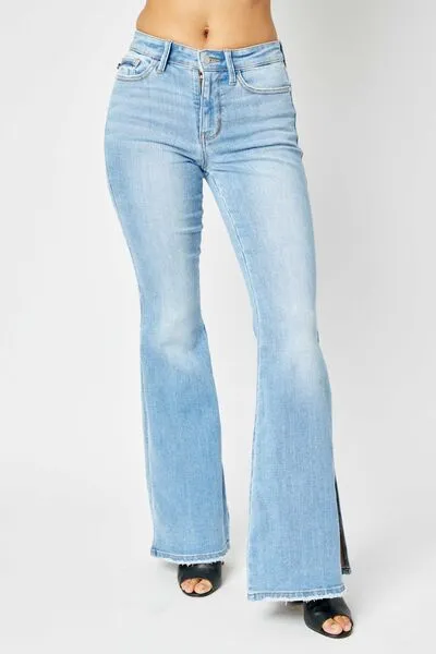 Mid Rise Raw Hem Slit Flared Denim Jeans