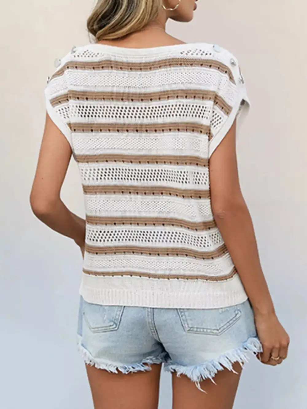 Openwork Round Neck Cap Sleeve Knit Blouse