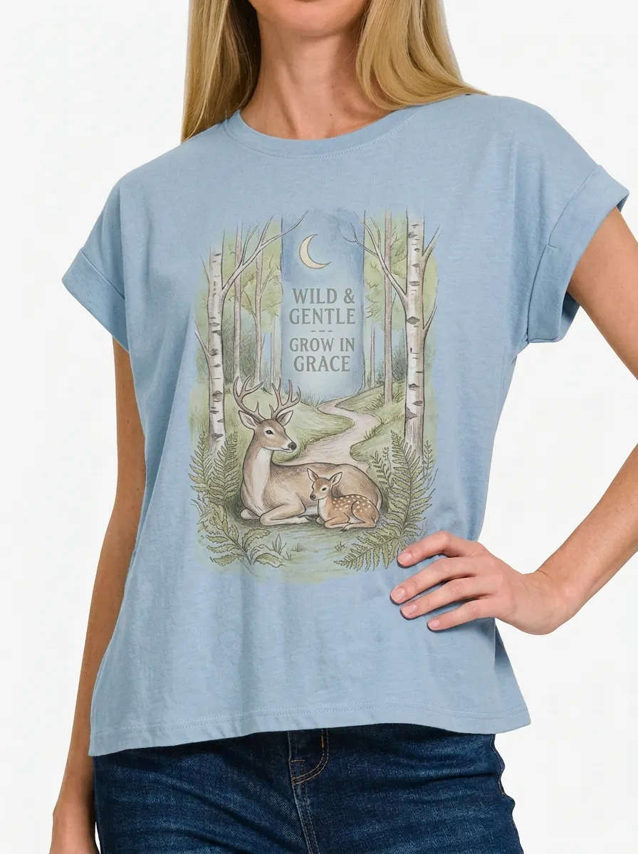 Women's Nature Lover Deer Forest Printed T-shirt