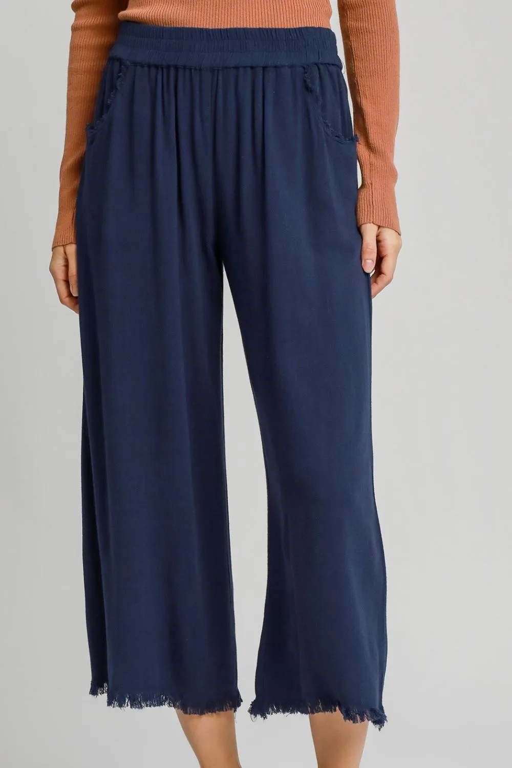 Relaxed Full Size Linen Blend Elastic Waistband Wide Leg Pants Plus Size