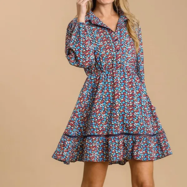 Collared neckline button down floral print dress with crochet trimmed details