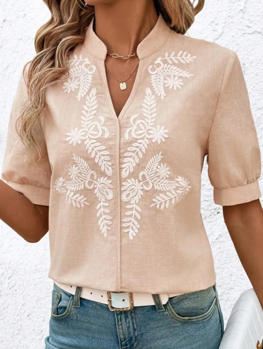 V Neck Embroidered Cotton Short Sleeve Blouse