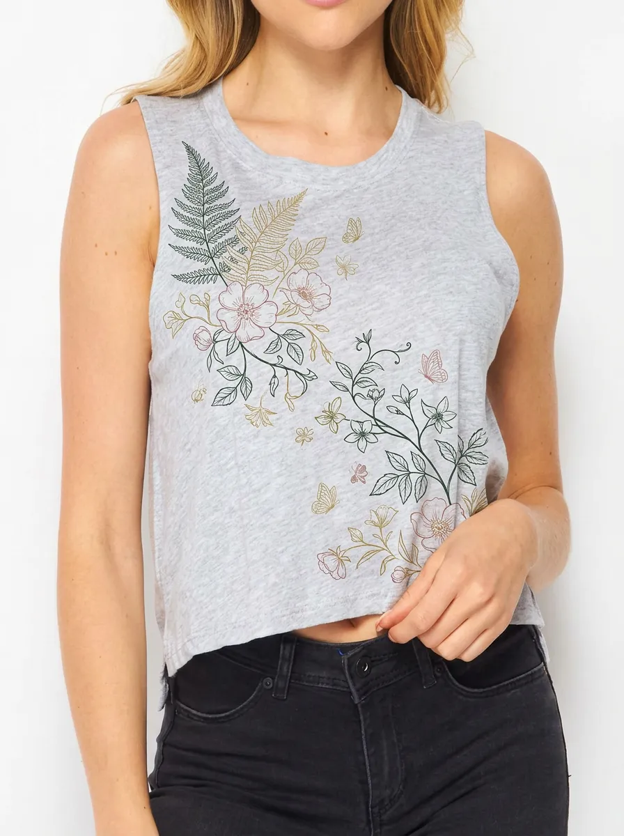 Women's Botanical Nature Lover Floral Butterfly Printed Tank Top