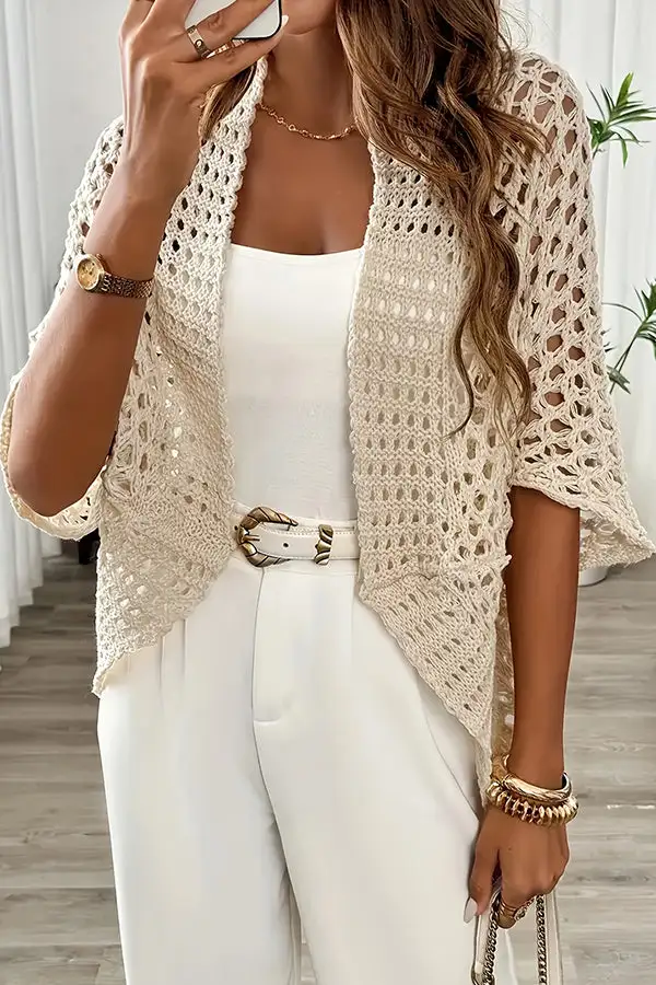 Color Crochet Hollow Open Front Cardigan