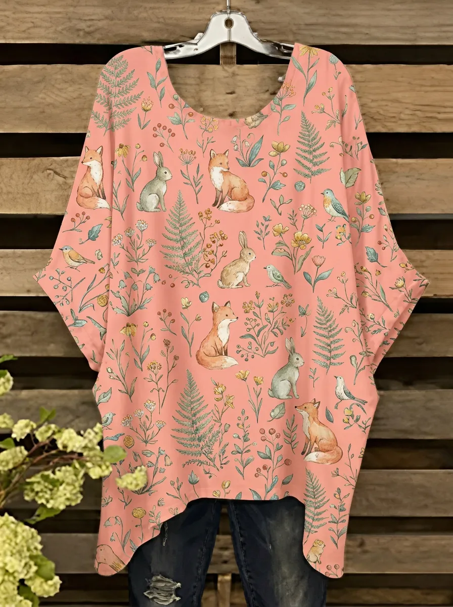 Bird Fox Rabbit Women's Loose Printed T-Shirt