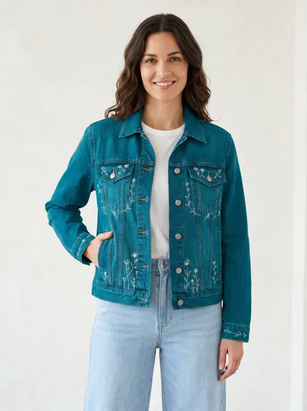 Women's Floral White Embroidered Denim Jacket