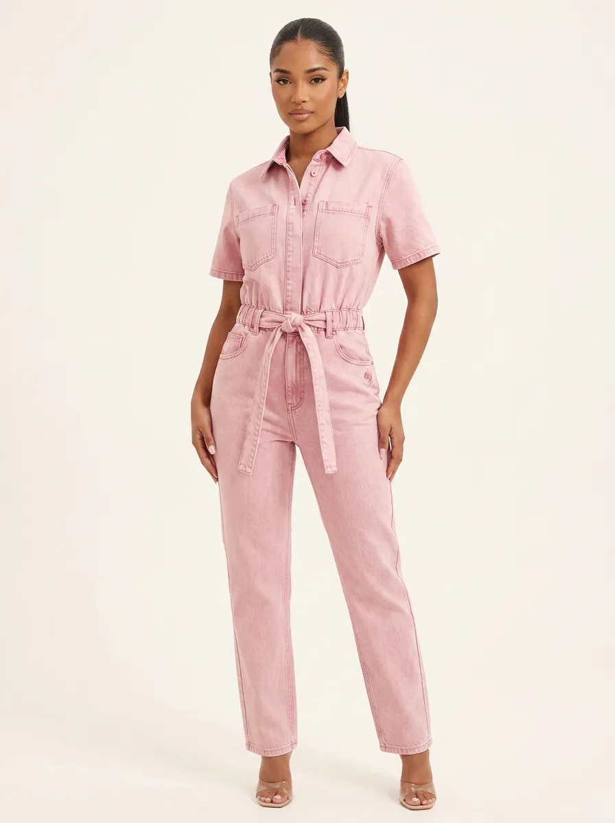 Pink Modern Solid Denim Jumpsuit