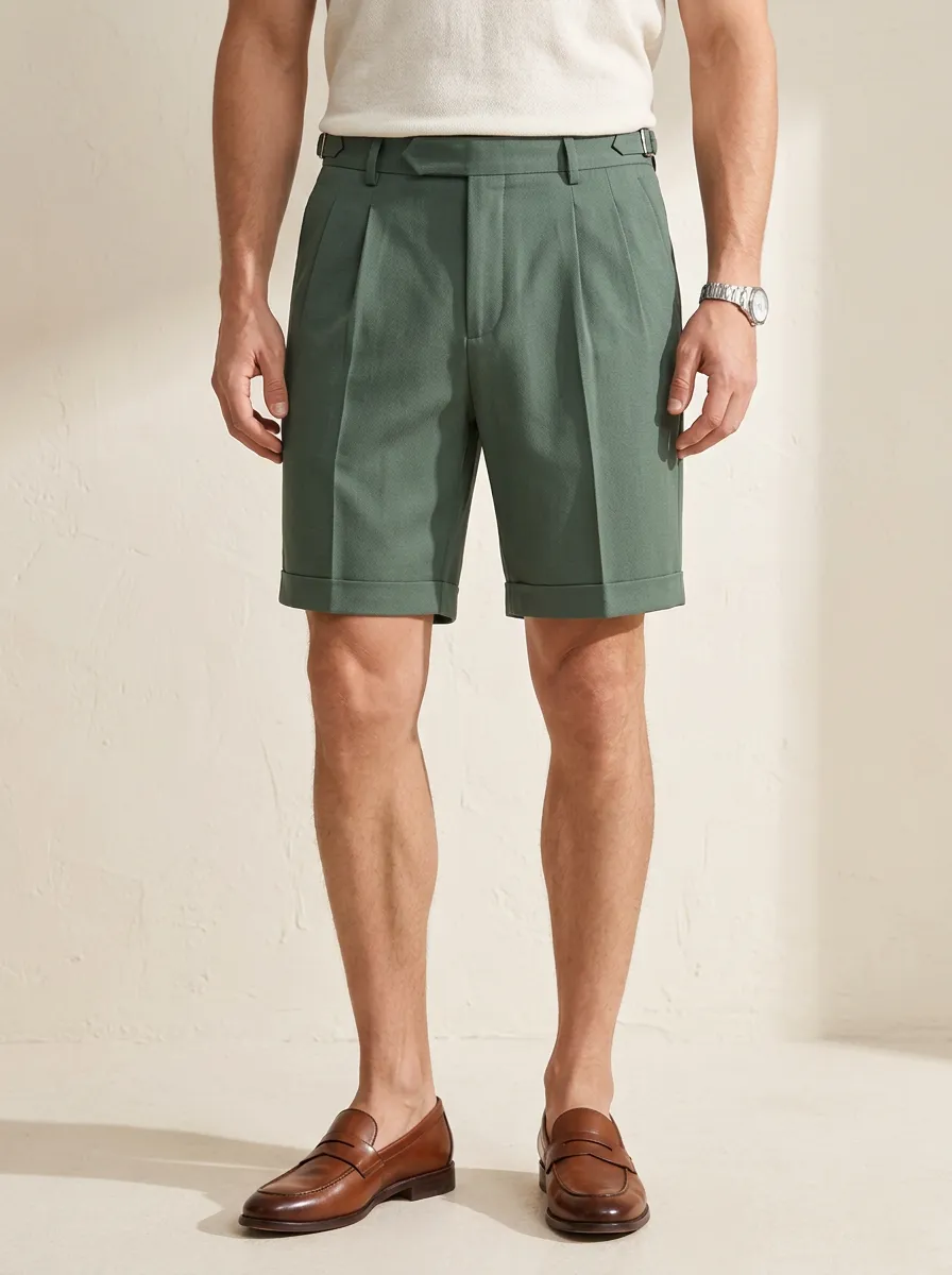 Men's Casual Summer Sage Green Pleated Tailored Shorts