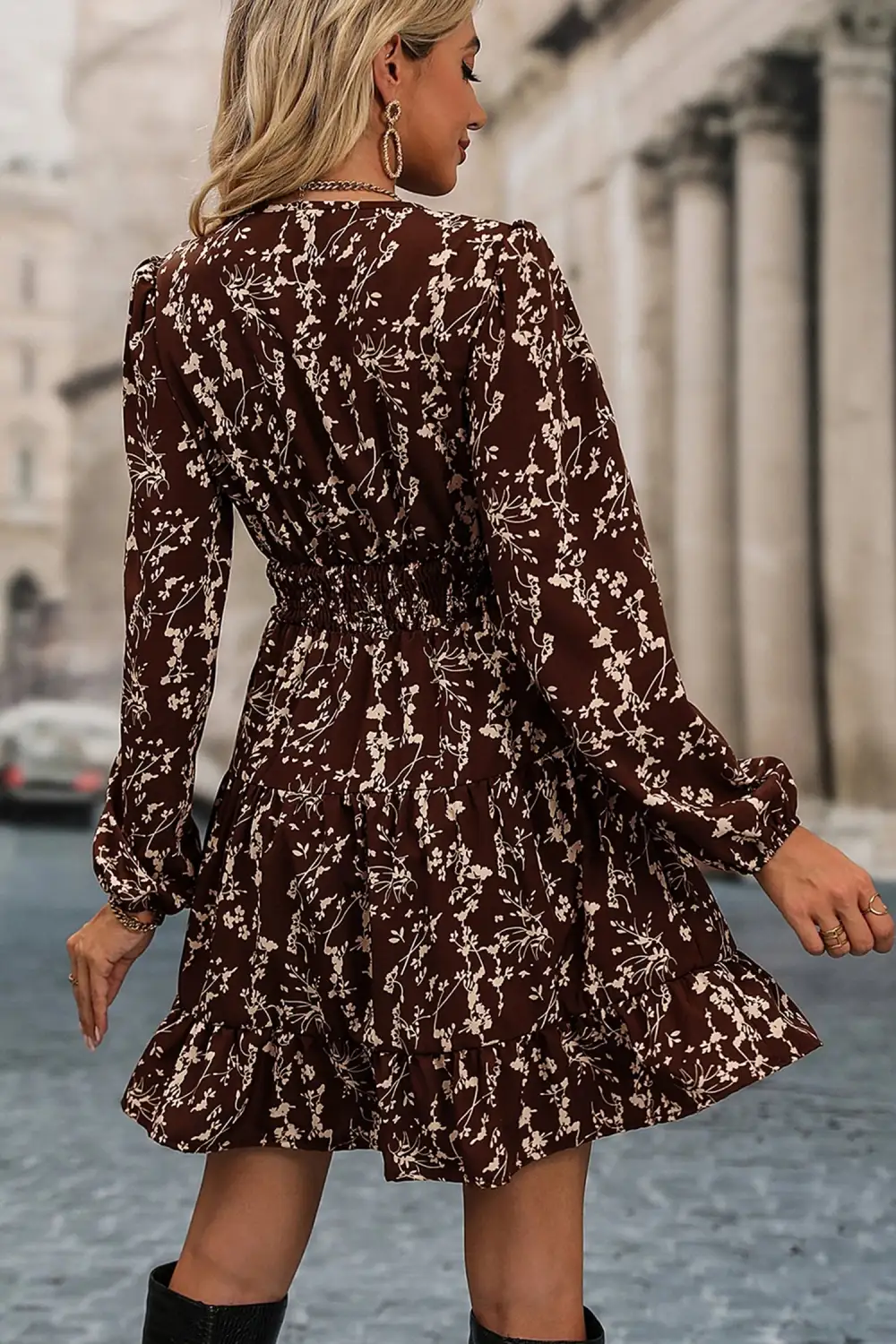 Layer Friendly Floral Shirred Long Sleeve Mini Dress