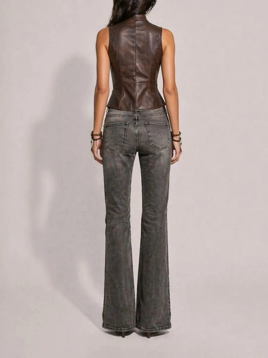 Dahlia Biker-Style Lapel Leather Sleeveless Vest