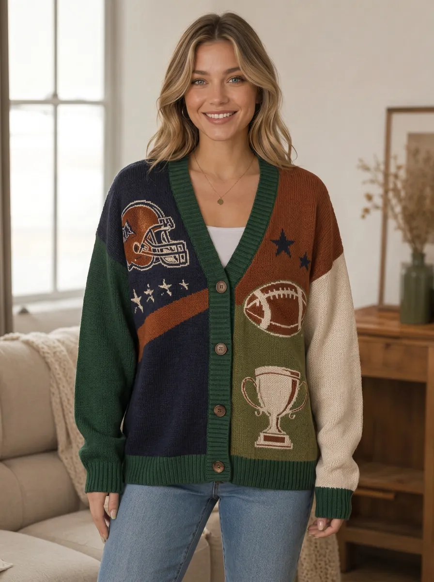 Women's Expressive Gridiron Helmet Trophy Ball Knit Cardigan