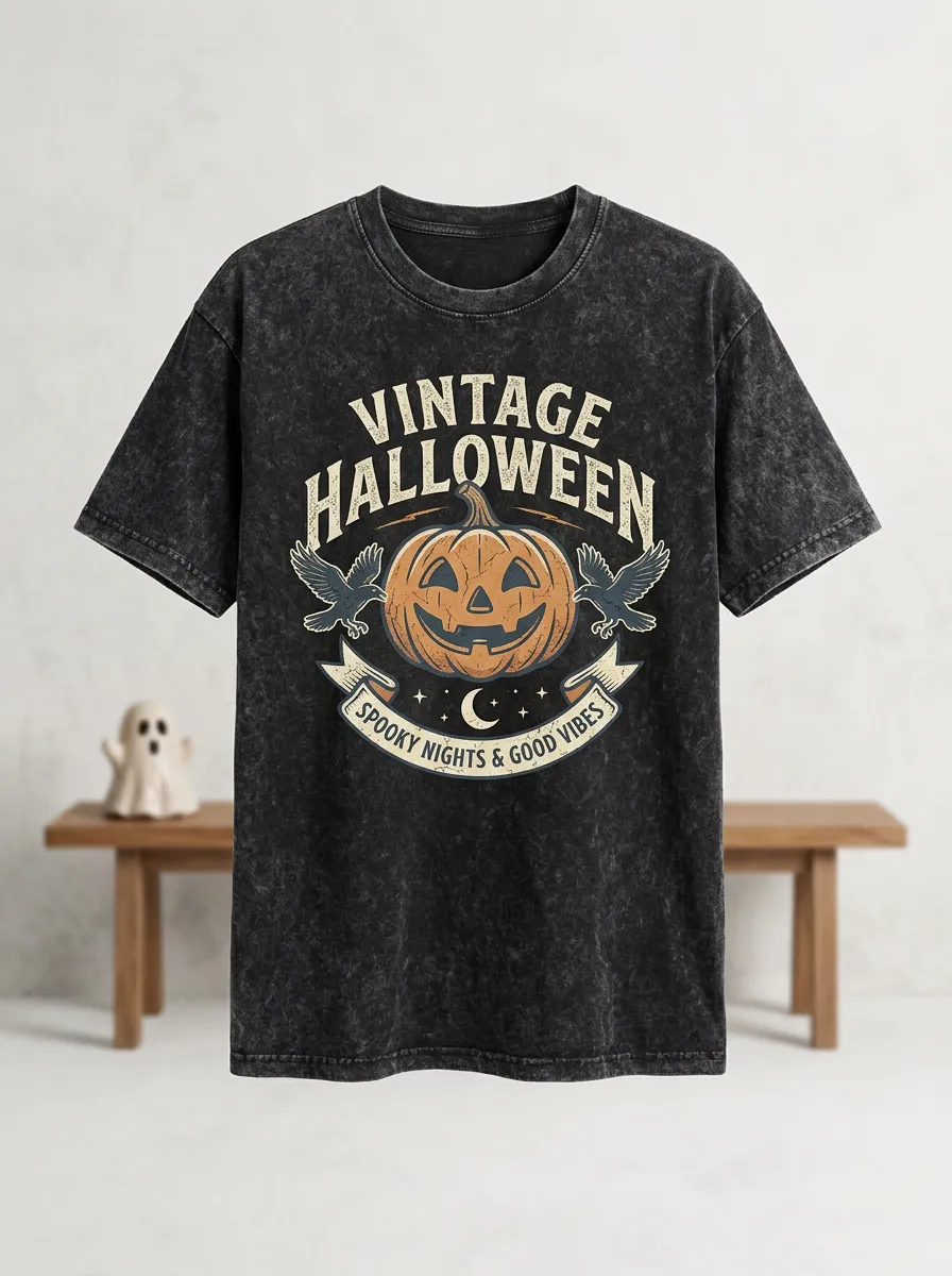 Men's Vintage Halloween Pumpkin Raven Printed T-shirt