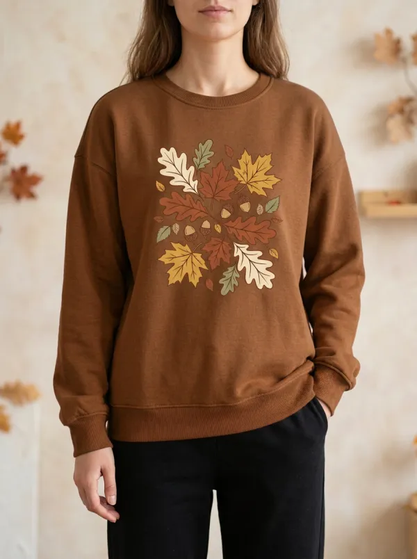 Classic Motif Maple-Leaf Printed Acorn Graphic Sweatshirt