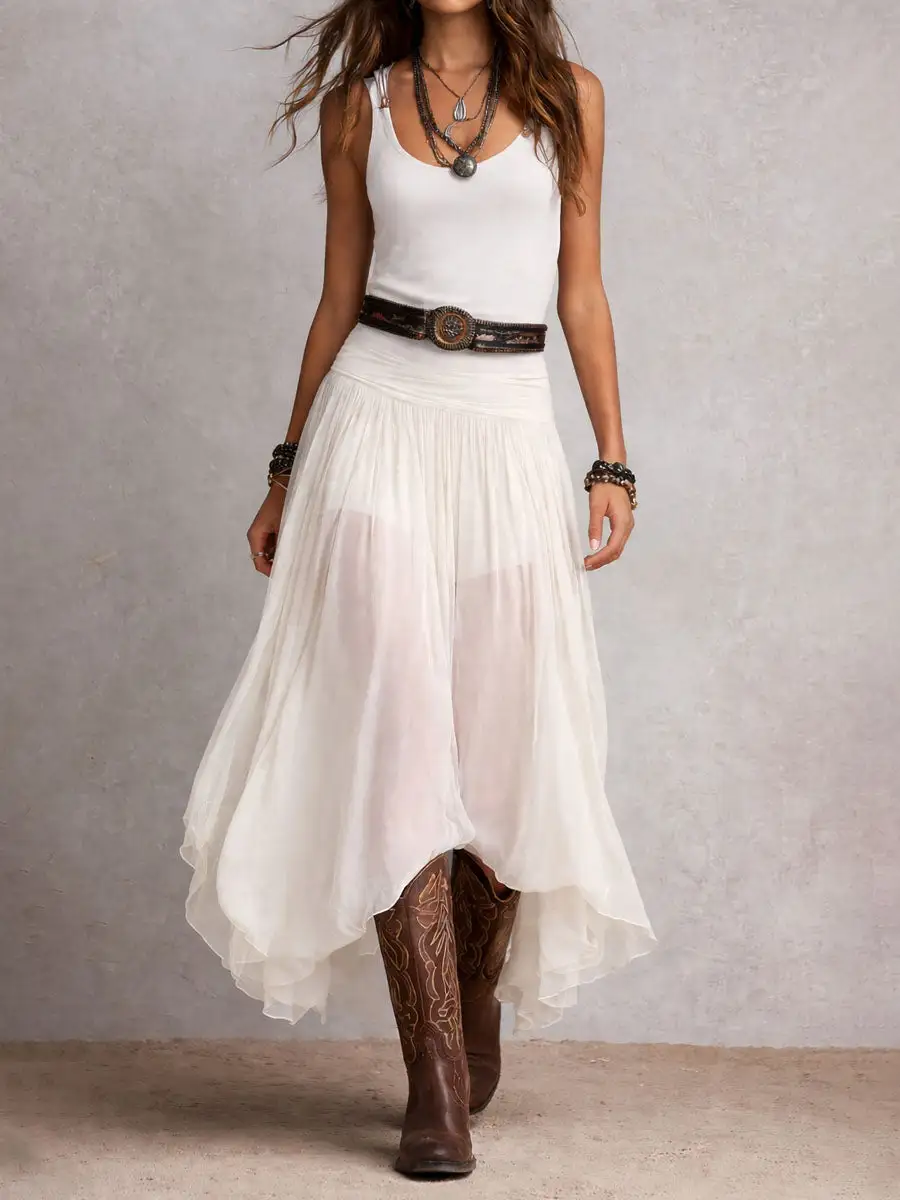 Boho Western Black  Stretchy Maxi  Dress With Sheer Skirt