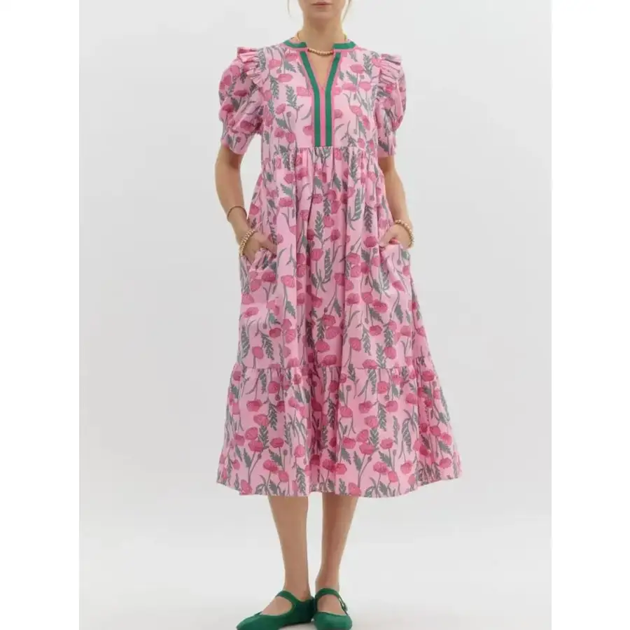 Puff Sleeve Midi Dress with Contrast Trim