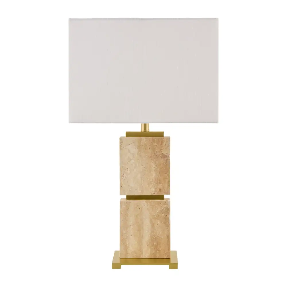 Linen Shade Travertine Metal Iron Table Lamp