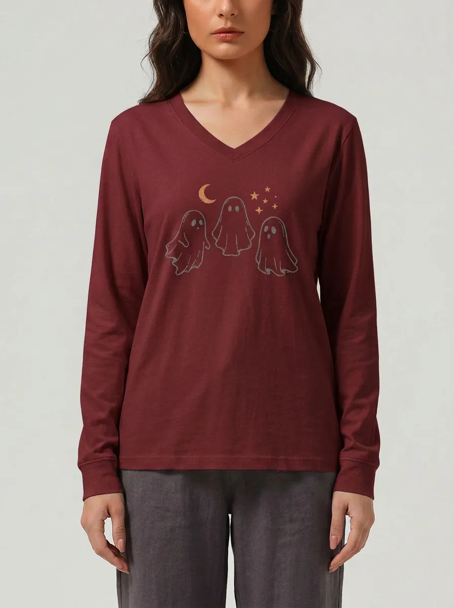 Women's Halloween Ghost Moon Stars Printed V-neck Long Sleeve T-shirt