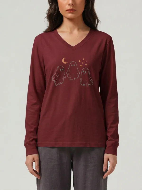 Women's Halloween Ghost Moon Stars Printed V-neck Long Sleeve T-shirt