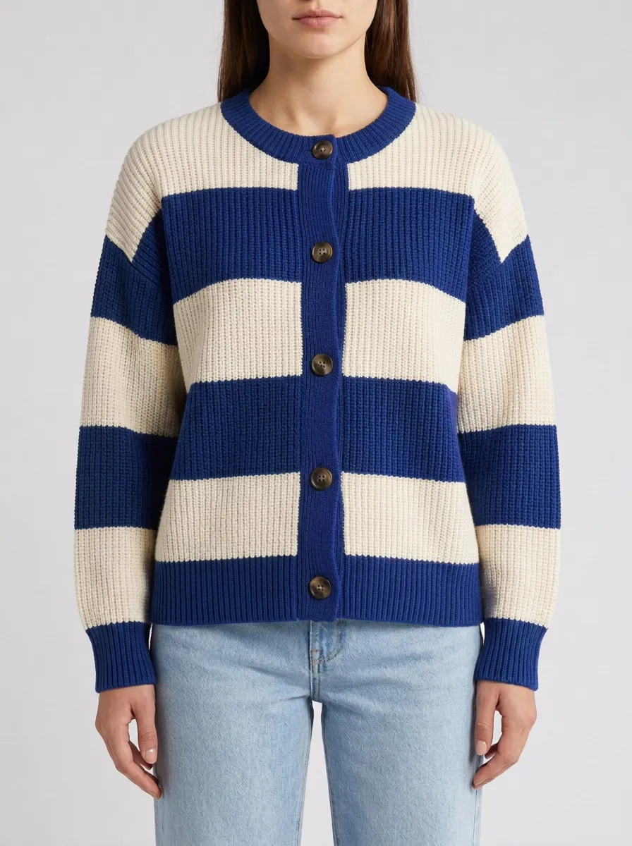 Collegiate Style Rugby Striped Knit Cardigan