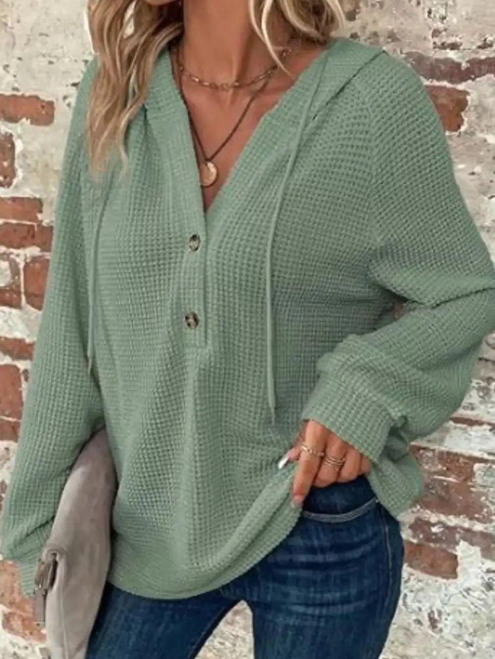 Drawstring Buttoned Pocketed Waffle-Textured Hoodie
