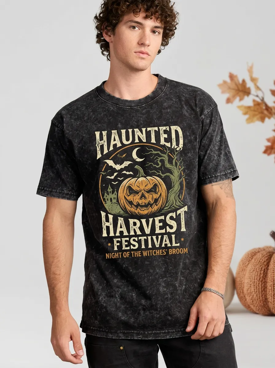 Men's Halloween Haunted Harvest Pumpkin Printed T-shirt