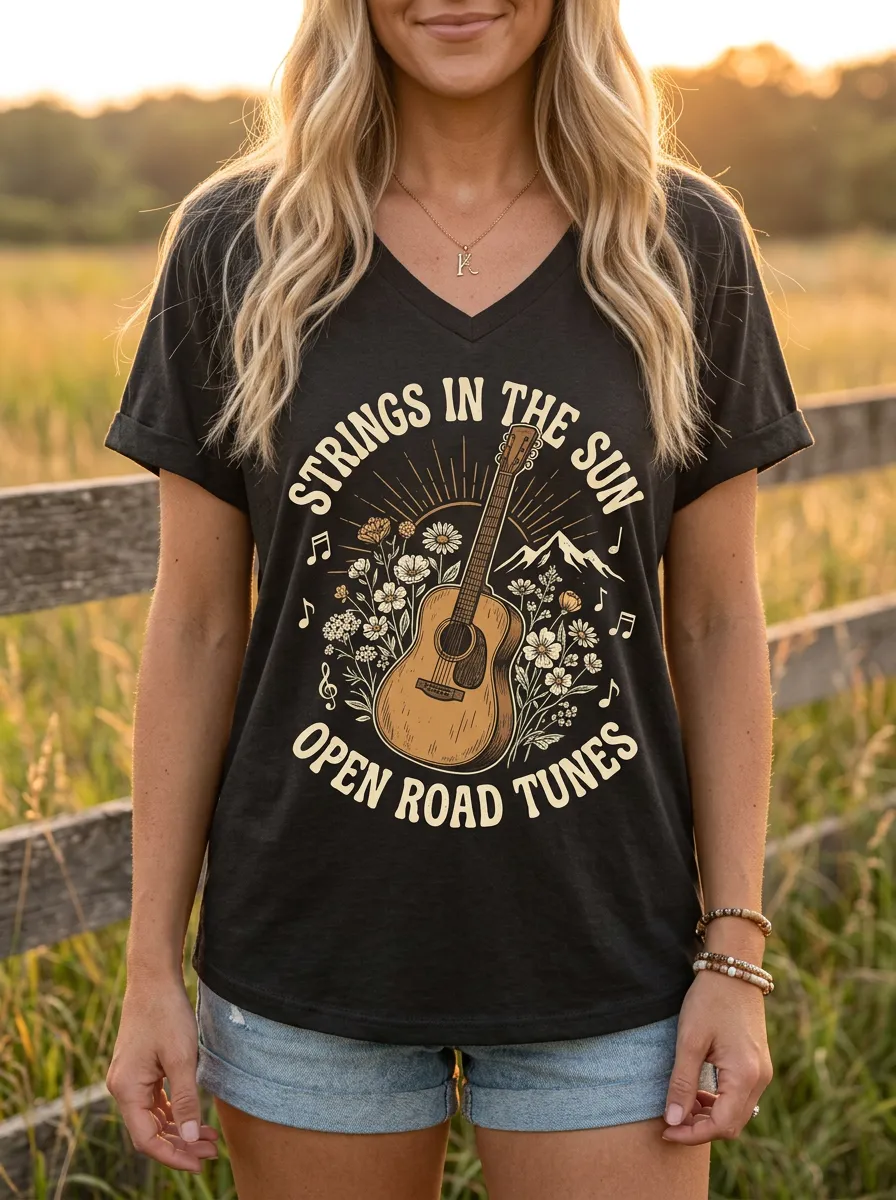 Americana Guitar Floral Custom Country Music V-Neck T-Shirt