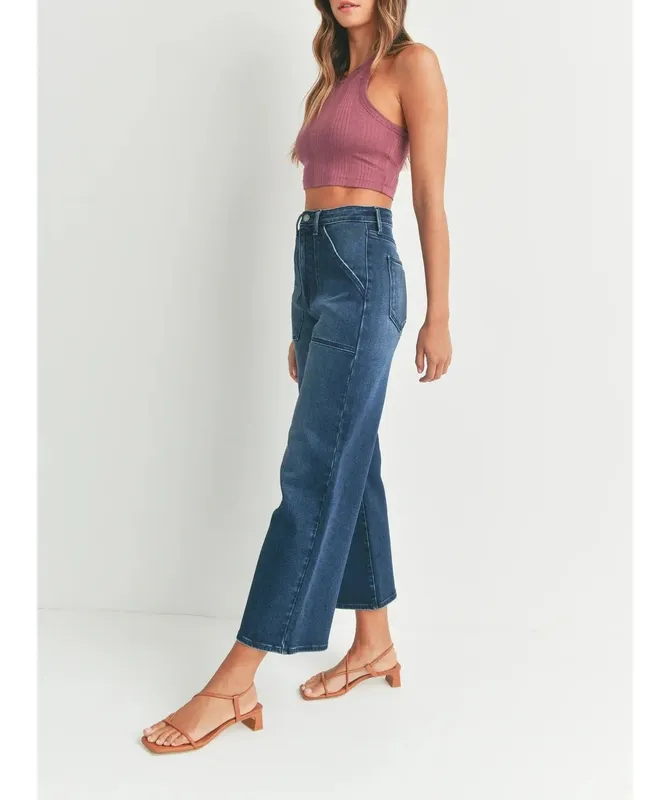Blue Cotton Blend Wide Leg High Rise Jeans
