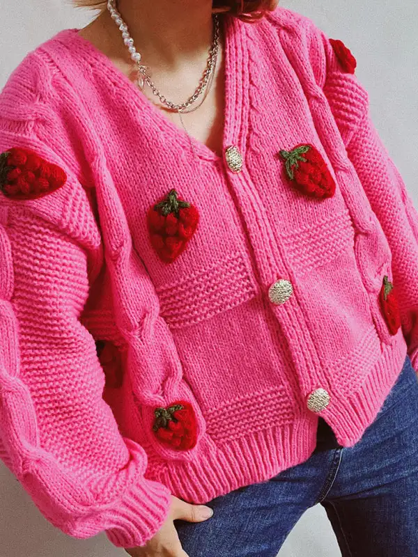 Single-Breasted Relaxed Knit Embroidered Cardigan