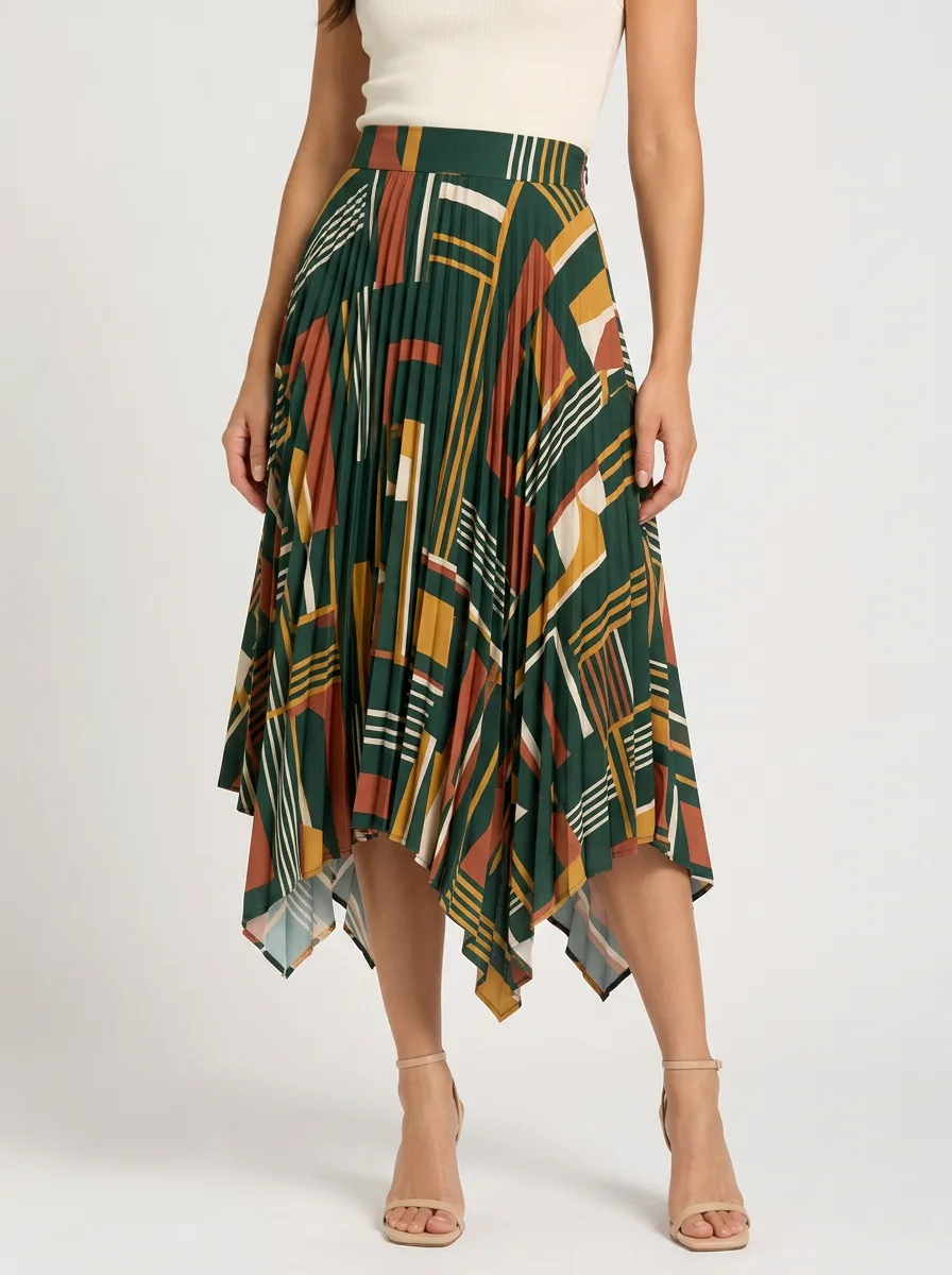 Women's Geometric Pattern Pleated Asymmetric Printed Midi Skirt